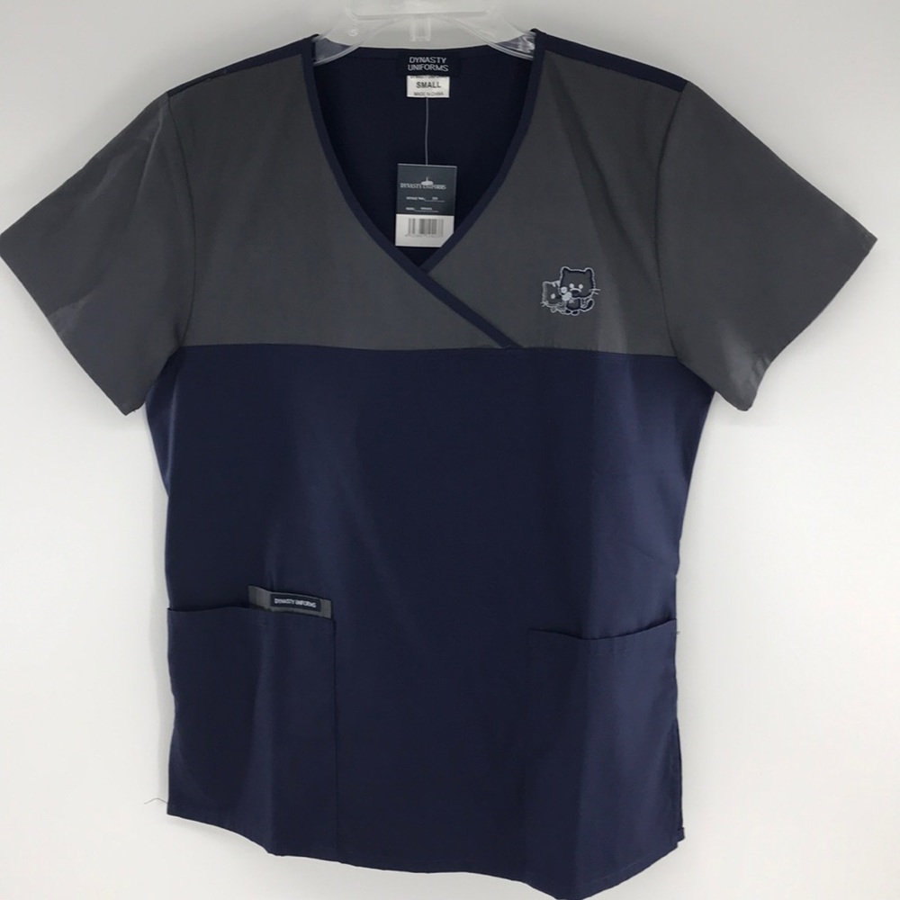 NEW Small Gray & NavyBlue ScrubTop Cat Logo, Vneck